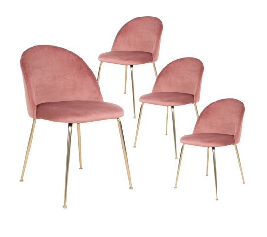 Lot De 4 Chaises Velours Rose Et Pieds Métal Doré - Meyrin