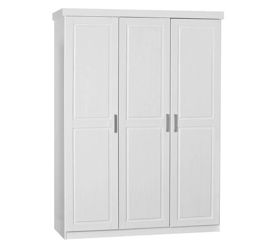 Armoire 3 Portes + Penderie Bois Massif Vernis Blanc - Alaska