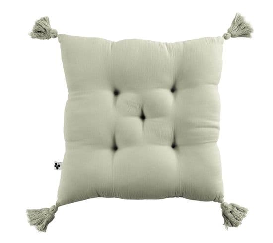 Coussin Capitonné 40x40cm Avec Pompons Gaze De Coton Vert D'eau - Ourea