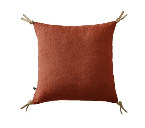 Coussin Déhoussable 45x45cm Avec Pompons Lin Lavé Coloris Paprika - Margaux