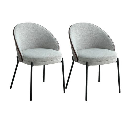 Lot De 2 Chaises Tissu Gris Chiné Dos Bois Imitation Noyer Pieds Métal - Marcel