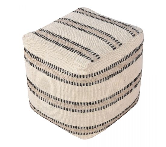 Pouf Tissu Beige Et Gris Tissage Main Motif Lignes - Bagus