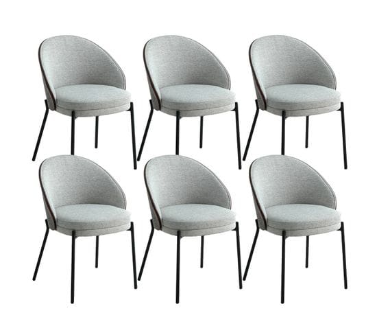 Lot De 6 Chaises Tissu Gris Chiné Dos Bois Imitation Noyer Pieds Métal - Marcel