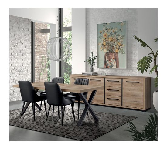 Ensemble Buffet 3 Portes Et Table 230 Cm Aspect Bois Piètement X Métal Noir - Marco