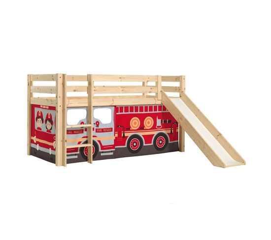 Lit Mi-haut Tobogan En Pin Naturel 90x200cm Housse Pompiers - Sleepy