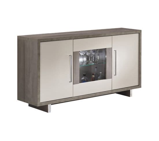 Buffet 3 Portes Gris Acier Metallisé Et Gris Mat Avec LEDs - Auxane