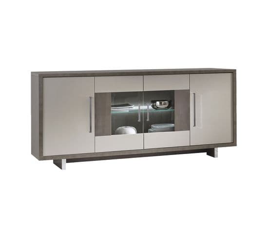 Buffet 4 Portes Gris Acier Metallisé Et Gris Mat Avec LEDs - Auxane