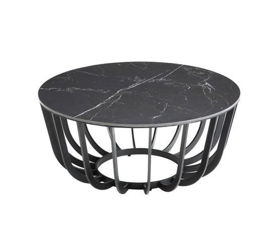 Table Basse Ronde Plateau Céramique Marbré Cadre Métal Gris Anthracite - Klodie