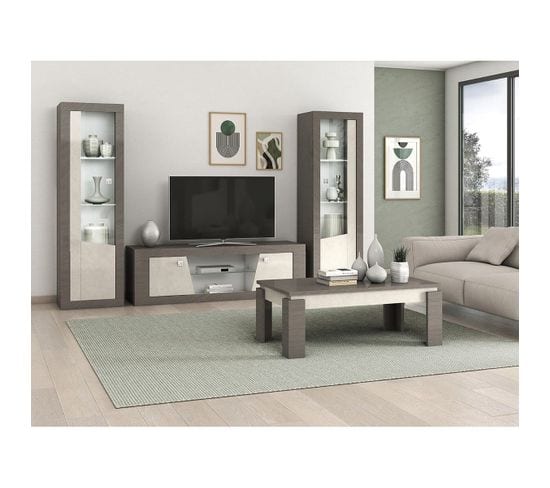 Pack Salon Meuble Tv + Table Basse + 2 Vitrines Led Décor Bois Gris Et Beige - Gondor