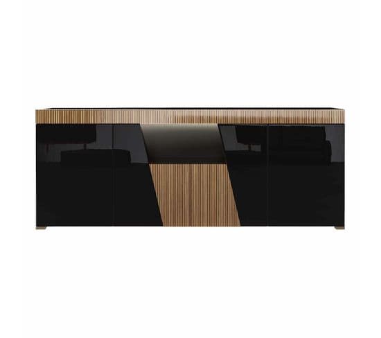 Buffet Design 4 Portes Laqué Noir Décor Bois Avec LEDs - Kadala