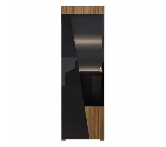 Vitrine 1 Porte Gauche Laquée Noir Décor Bois Avec LEDs - Kadala