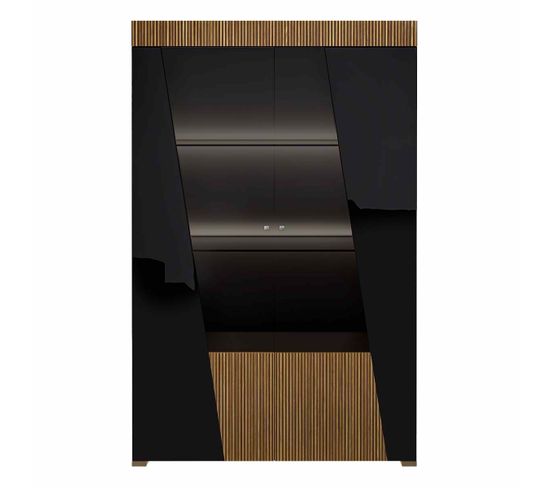 Vitrine 2 Portes Design Laquée Noir Décor Bois Avec LEDs - Kadala