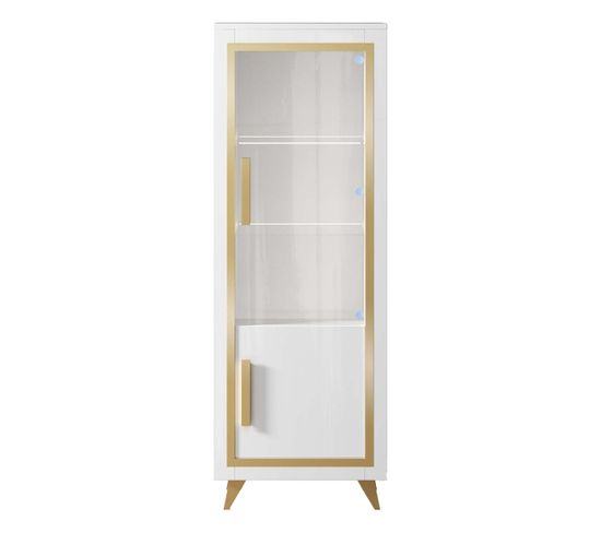 Vitrine 1 Porte Droite Laquée Blanc Et Décor Doré Avec LEDs - Jemma