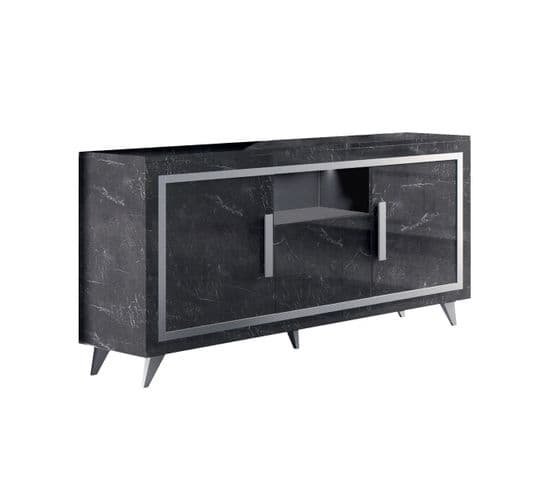 Buffet 3 Portes Effet Marbre Anthracite Finition Argent Avec LEDs - Gueda