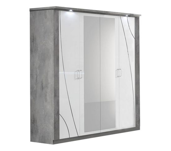 Armoire 4 Portes Laquée Blanc Et Gris Béton Détails Chromés Avec Miroirs Et LEDs - Lineal