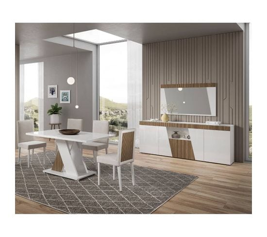 Ensemble Séjour Laqué Blanc Décor Bois Table 190cm + Buffet Avec LEDs - Kadala