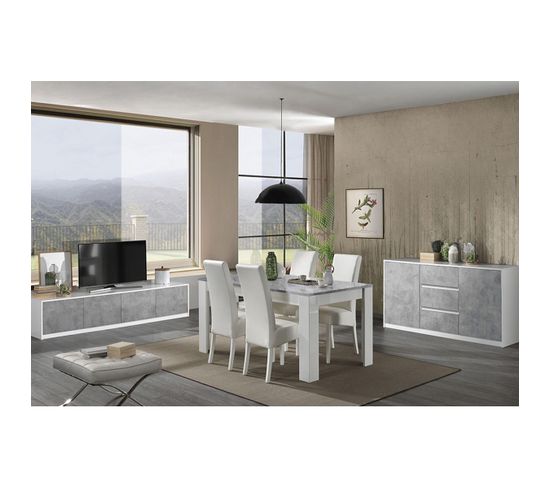 Ensemble Salon Séjour Blanc Et Gris Béton Meuble TV + Buffet 2 Portes + Table 160cm - Coleos