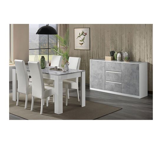 Ensemble Séjour Blanc Et Gris Béton Table 160cm + Buffet 2 Portes - Coleos