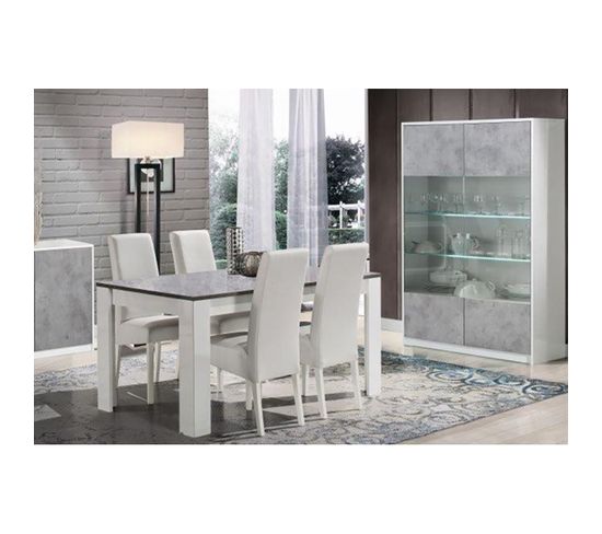 Ensemble Séjour Blanc Et Gris Béton Table 160cm + Vitrine 2 Portes Avec LEDs - Coleos