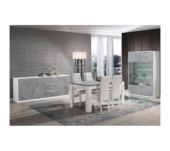 Ensemble Séjour Complet Blanc Et Gris Béton Table 190cm + Buffet + Vitrine LEDs - Coleos