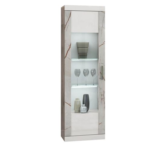 Vitrine 1 Porte Blanc Eclairage LED Intégré Avec Décor Latéral Aspect Marbre - Eros