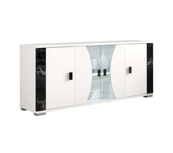 Buffet 4 Portes Blanc Eclairage LED Intégré Avec Décor Latéral Aspect Marbre Noir - Ariane