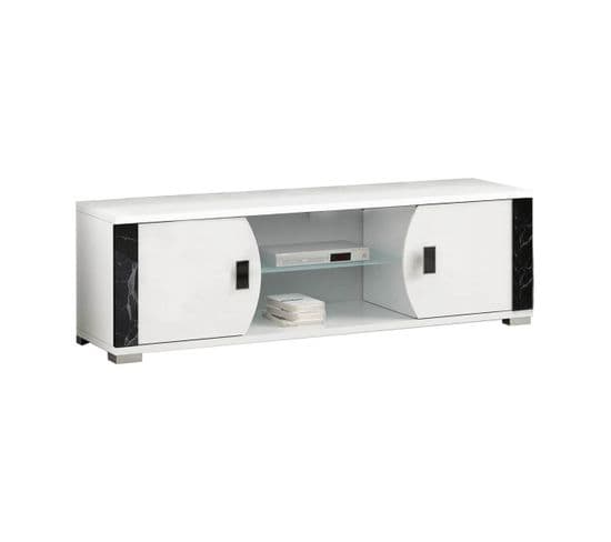 Meuble TV 2 Portes Et 2 Niches Blanc Avec Décor Latéral Aspect Marbre Noir - Ariane