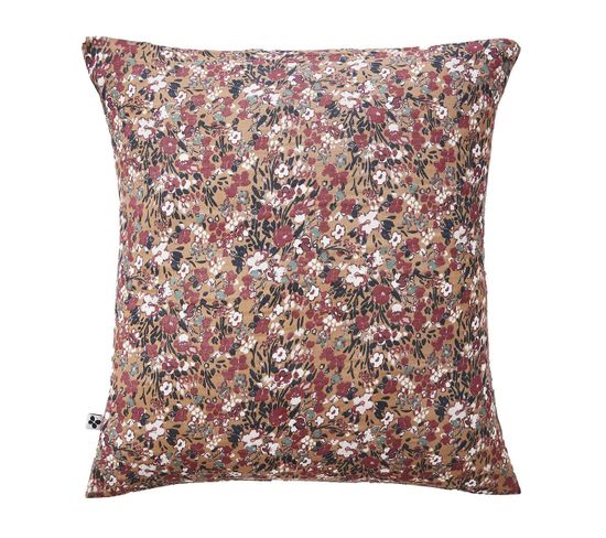 Taie D'oreiller 60x60cm Gaze De Coton Fond Brun Motifs Fleurs - Adonis Brun