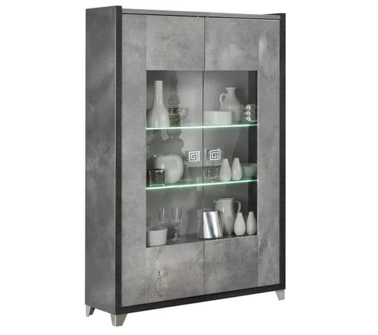 Vitrine 2 Portes Gris Aspect Pierre Avec Led - Hoffman