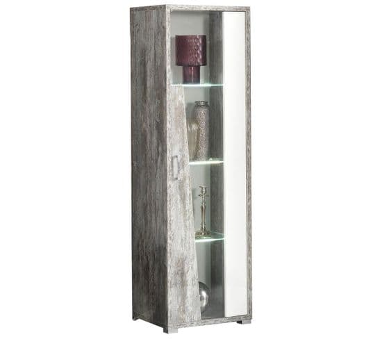 Vitrine 1 Porte Droite Laqué Blanc Et Effet Bois Taupe - Denys