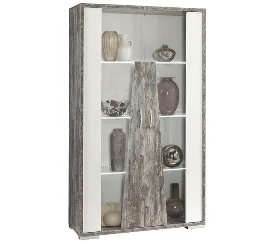 Vitrine 2 Portes Laqué Blanc Et Effet Bois Taupe - Denys