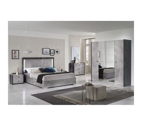 Chambre Complète 160x200cm Gris Effet Pierre Avec Leds - Hyde