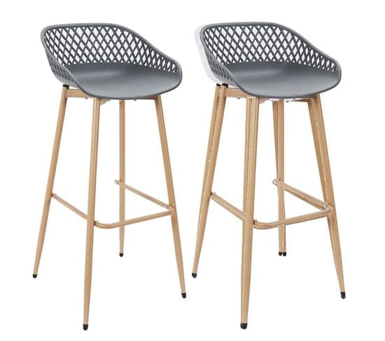 Lot De 2 Tabourets Gris Pieds Effet Bois Verni - Tressie