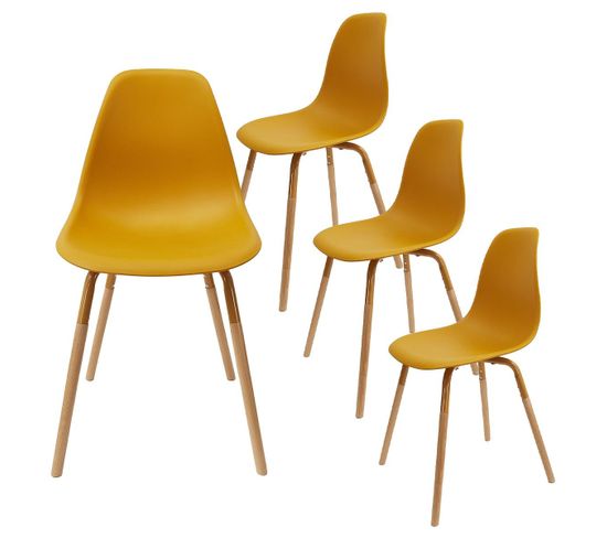 Lot De 4 Chaises Polypropylène Jaune Et Bois - Fluk