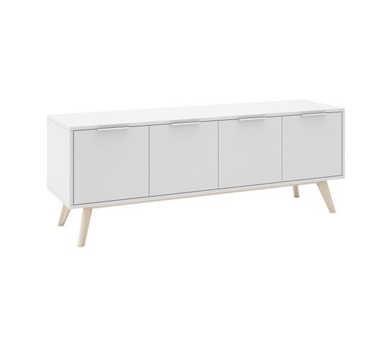 Meuble TV 4 Portes Scandinave Mdf Et Pin Massif Naturel Et Blanc - Blajk