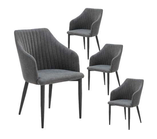 Lot De 4 Fauteuils Tissu Noir Surpiqures Verticales Pieds Métal - Fasca