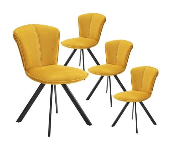 Lot De 4 Chaises Tissu Jaune Moutarde Surpiqué Pieds Métal Noir - Prestia