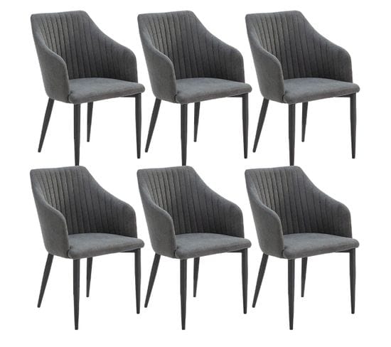 Lot De 6 Fauteuils Tissu Noir Surpiqures Verticales Pieds Métal - Fasca