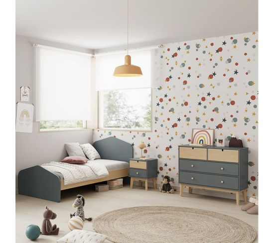 Pack Lit 90x190cm + Chevet 2 Tiroirs + Commode 4t Coloris Gris Et Naturel - Kaina