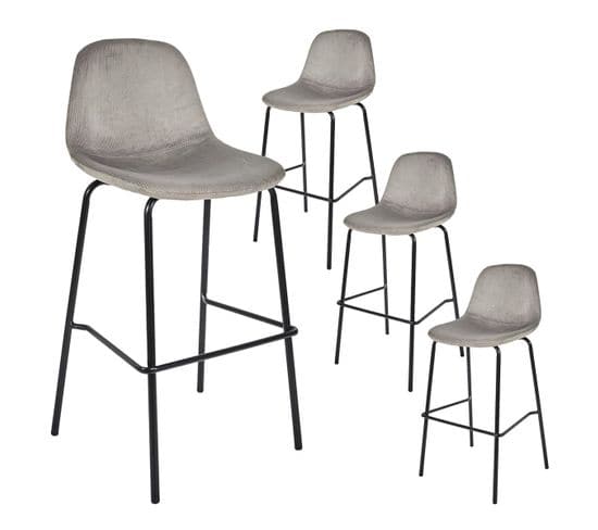 Lot De 4 Tabourets De Bar En Velours Côtelé Gris - Konae