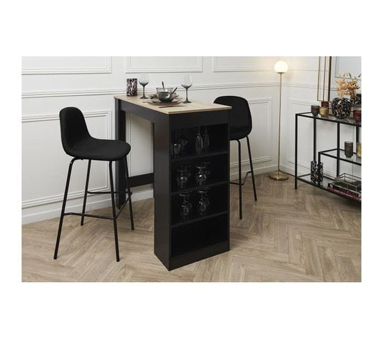 Ensemble Table De Bar Avec Etagères + 2 Tabourets Velours Côtelé Noir Konae - Kanpe