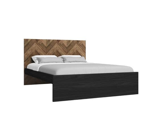 Lit 140x190cm Effet Bois En Chevron Et Noir - Calax