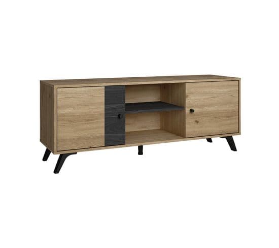 Meuble Tv 136cm 2 Portes Effet Chêne Naturel Et Noir - Pinia