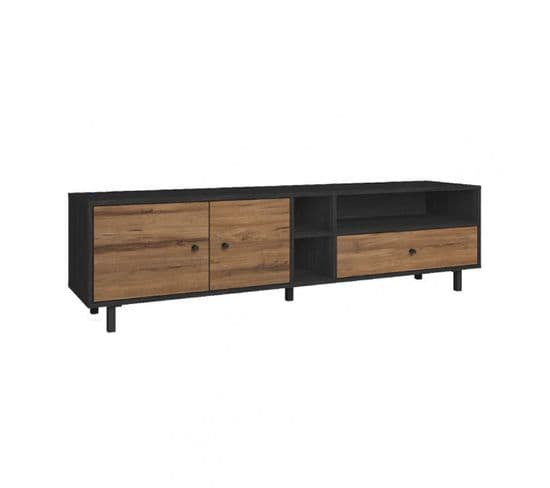 Meuble TV 180cm 2 Portes 1 Tiroirs Effet Bois Naturel Et Bois Noir - Fask