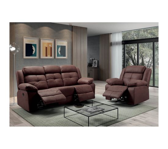 Canapé 3 Places + Fauteuil Relax Electrique Chocolat - Fabares