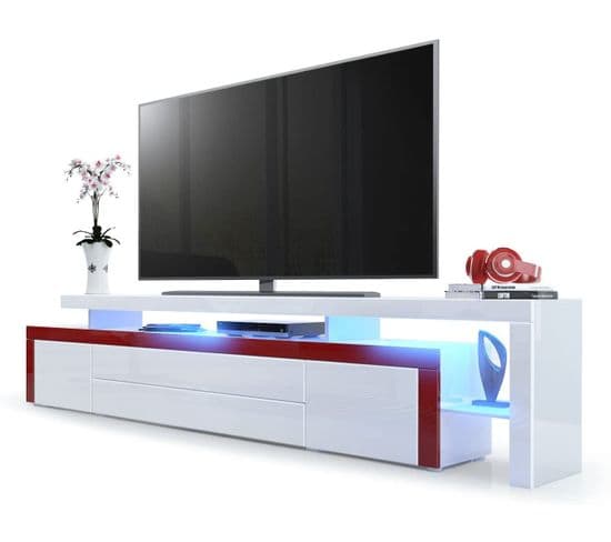 Meuble TV Blanc Et Bordeaux Laqué  + LED Rgb 52 X 227 X 35 Cm