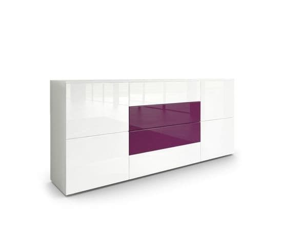 Buffet Moderne Blanc Et Prune Avec Façades Laquées Et Structure Mat 166 X 72 X 35 Cm