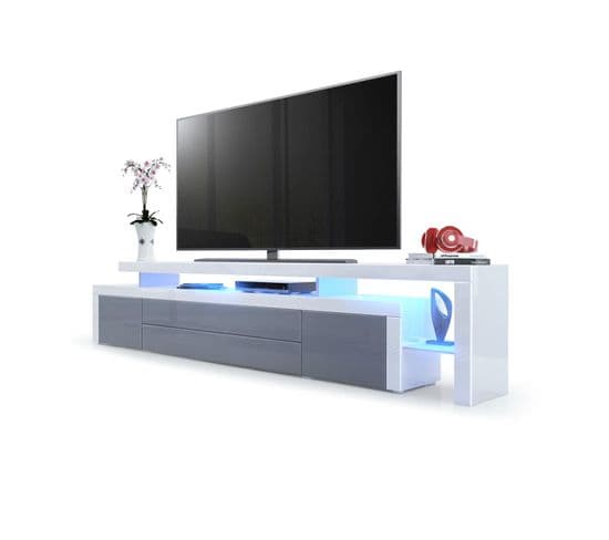 Meuble TV Blanc Et Gris Laqué + LED (lxhxp) : 227 X 52 X 40