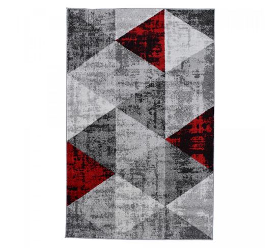 Tapis Salon 200x280 Tissé Rouge Et Gris Rectangle Motif Géométrique Soltam