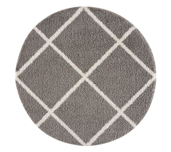 Tapis Longs Poils Shaggy Ø80cm Rond Tissé Gris Motif Scandinave Sg Madrag